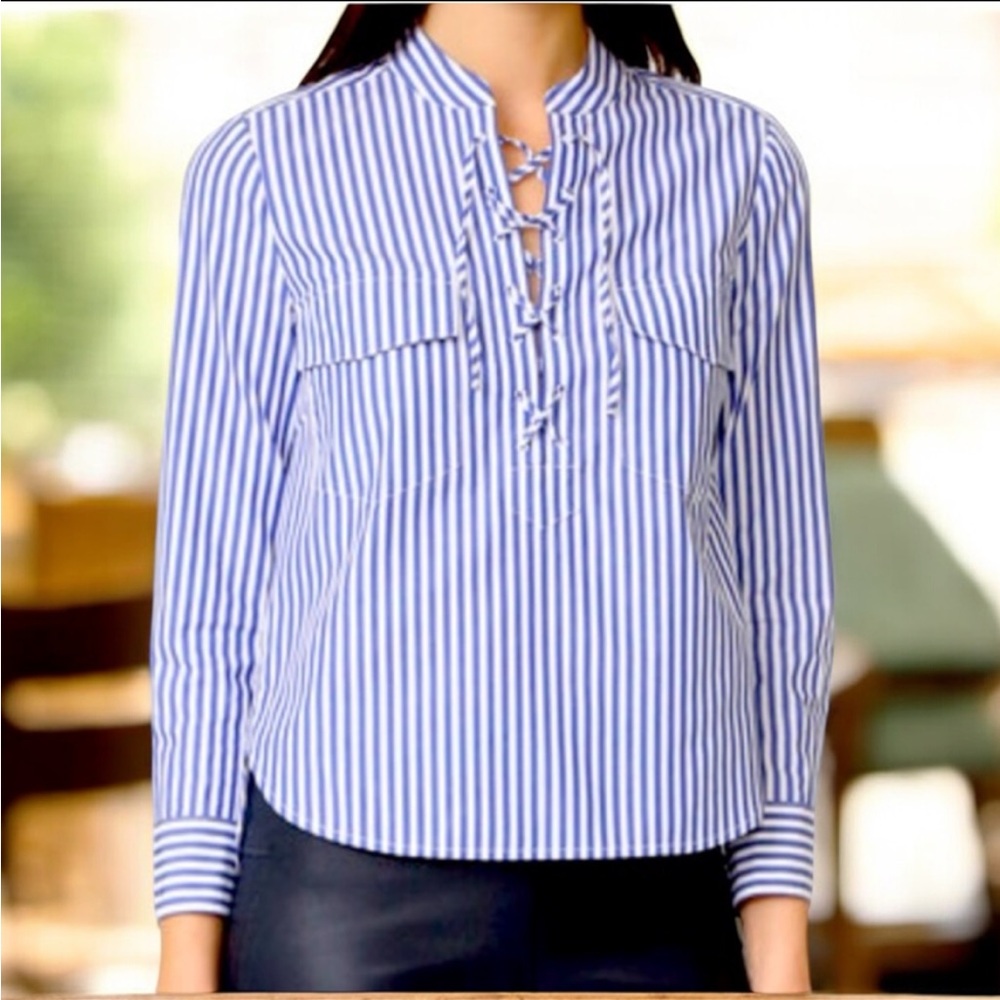 VERONICA BEARD Shirt Womens Size 2 Harper Lace Up Tunic Top Blue White Striped